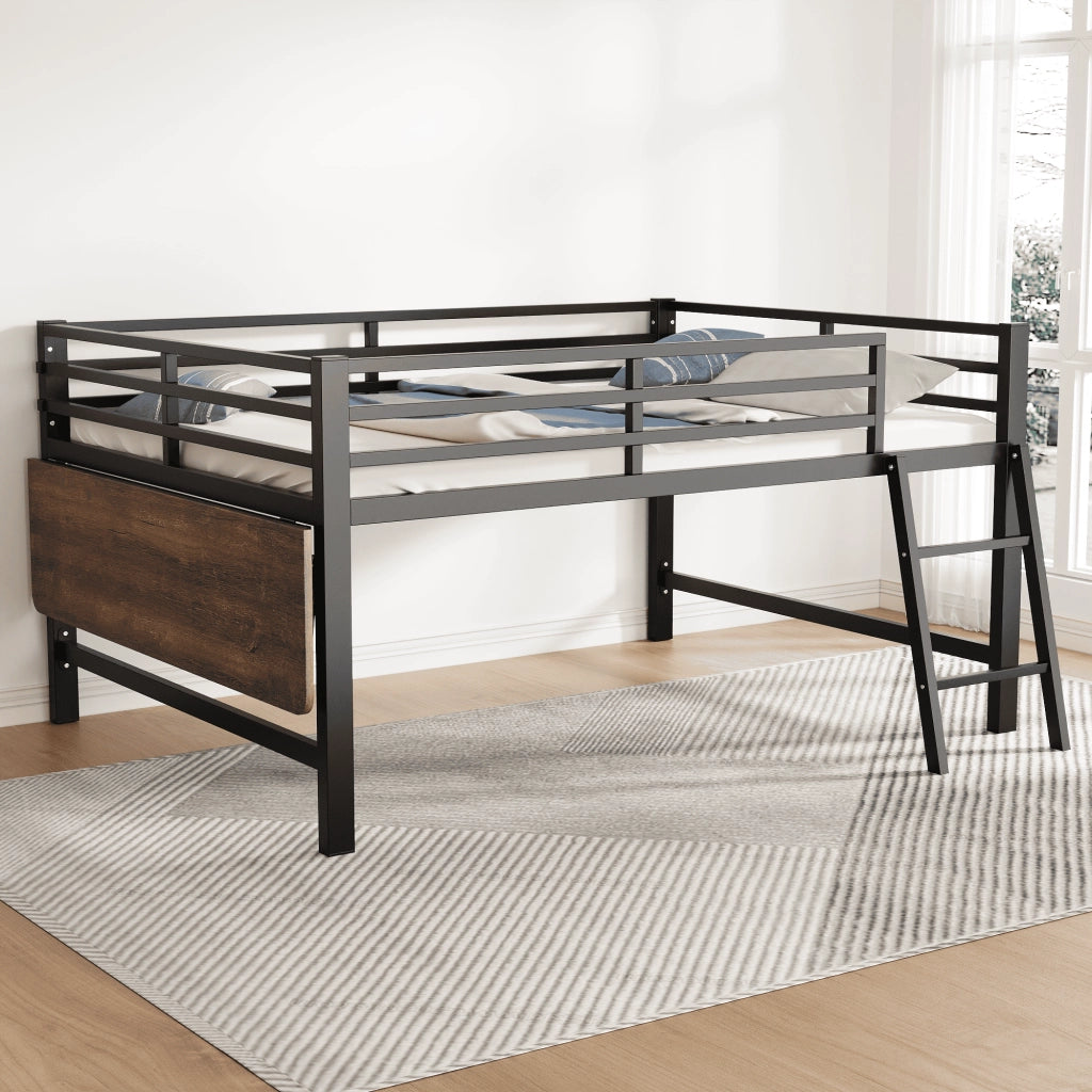 Letto a soppalco 140 × 200 cm con scrivania pieghevole, LED e sbarre di sicurezza, senza materasso, metallo, nero