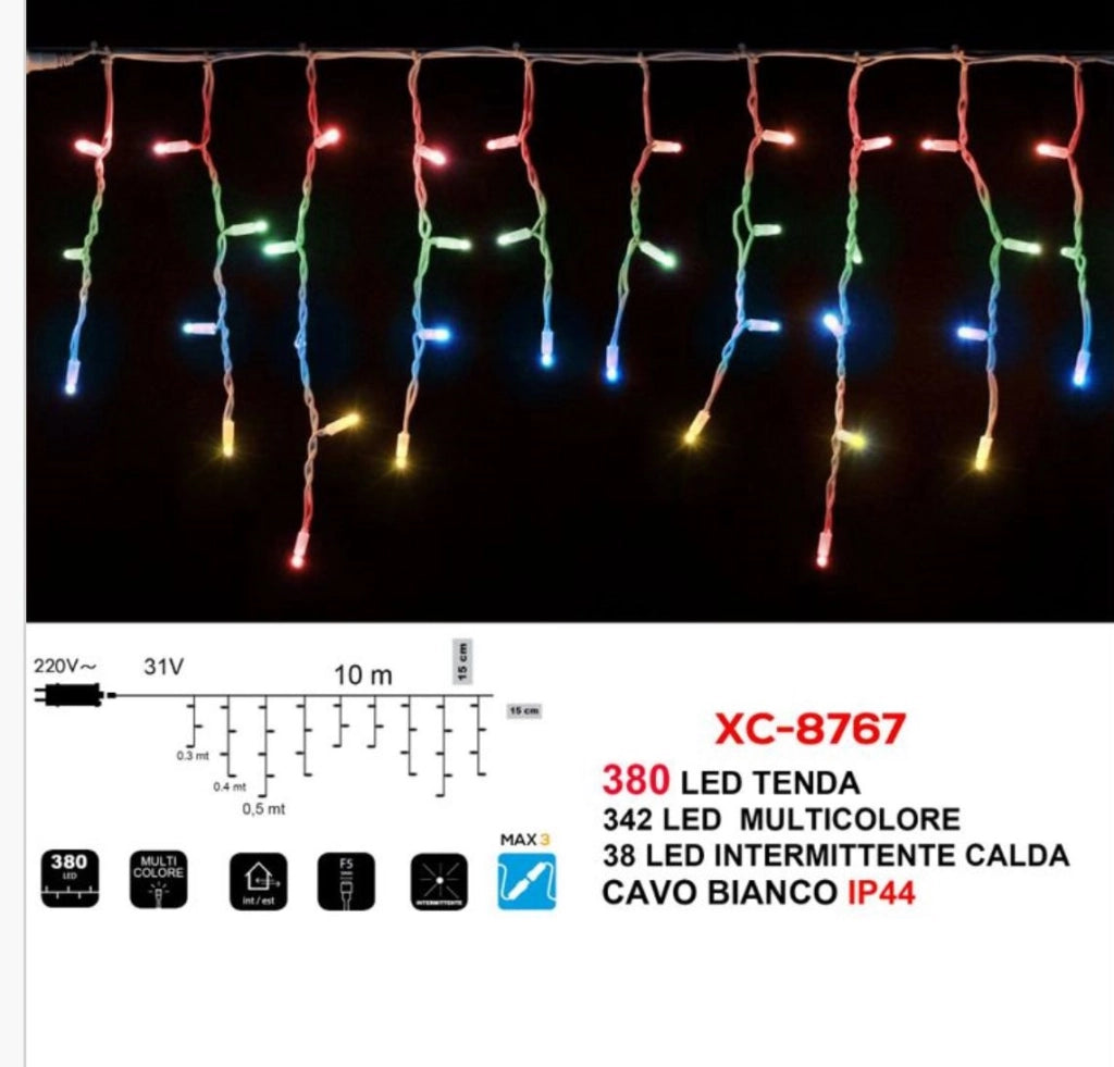 Tenda luminosa luci natalizie con 380 LED da 10 mt prolungabile con luci multicolor e flash bianco freddo intermittente per balcone facciate interno esterno IP44 cascata