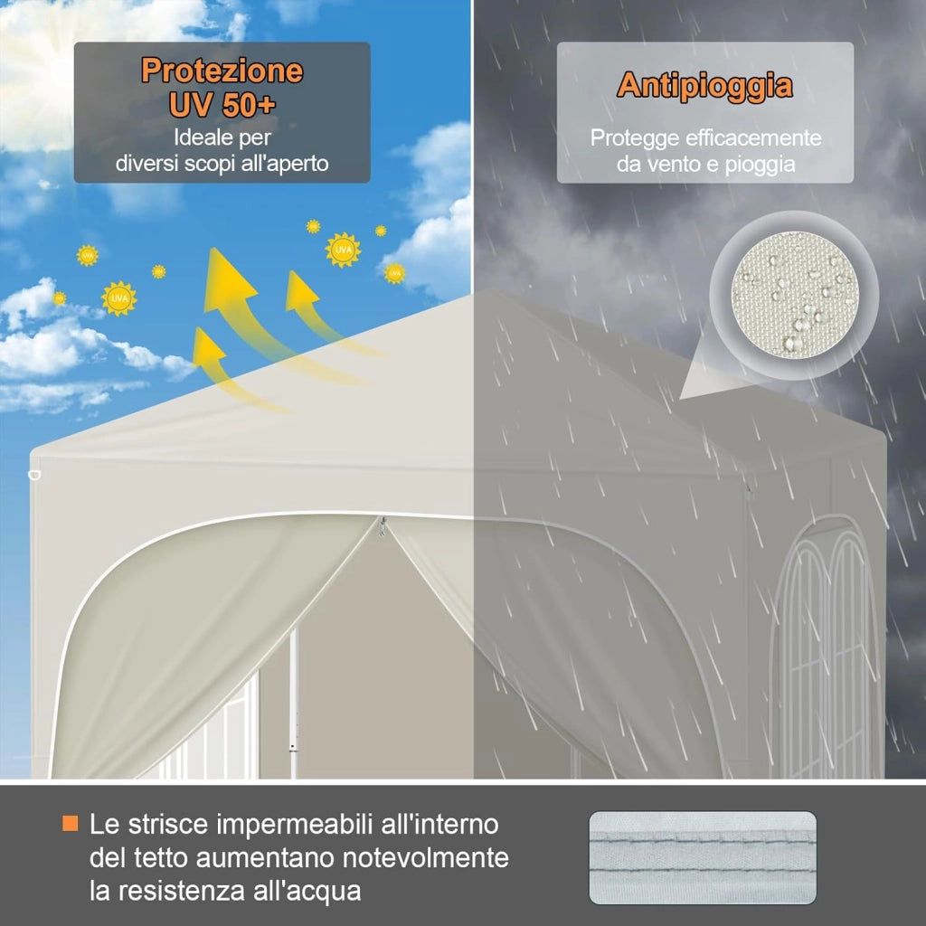 Gazebo Pieghevole 2x2m con 4 Pareti Rimovibili - Protezione Solare UPF 50+, Struttura Metallica Anti-Vento, 3 Regolazioni Altezza, Tendone da Giardino/Campeggio/Spiaggia - Beige