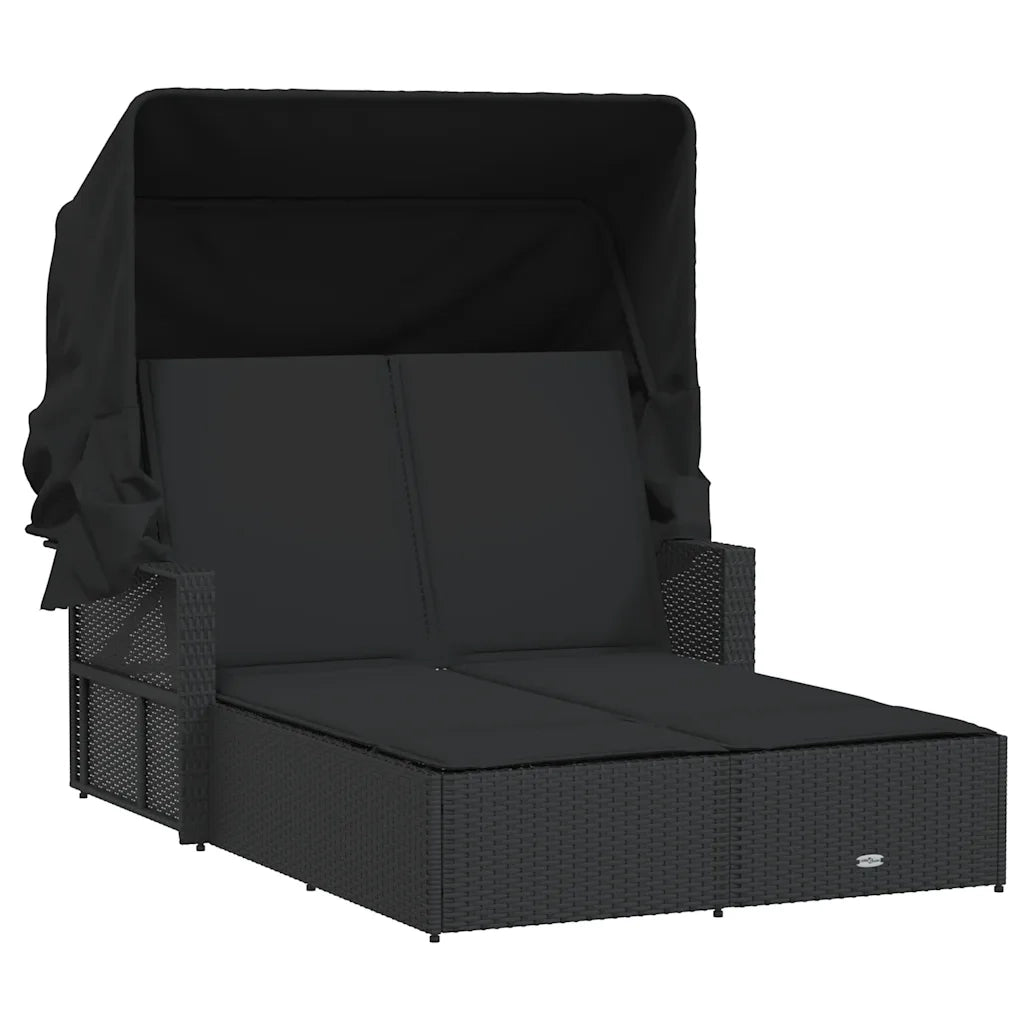 Lettino Prendisole Doppio Baldacchino e Cuscini Nero Polyrattan 365807