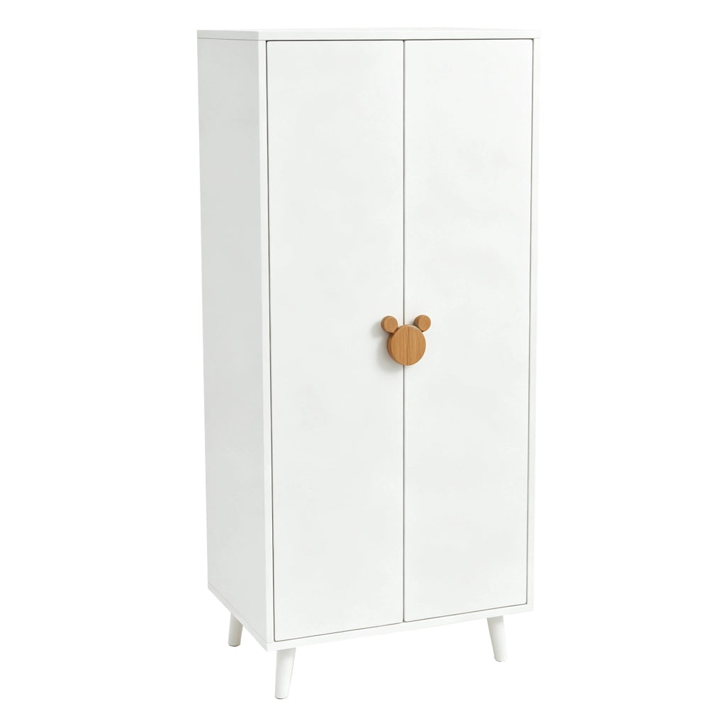 Armadio per cameretta con 2 ante; 2 cassetti e barra appendiabiti; maniglie sagomate; in MDF bianco e legno