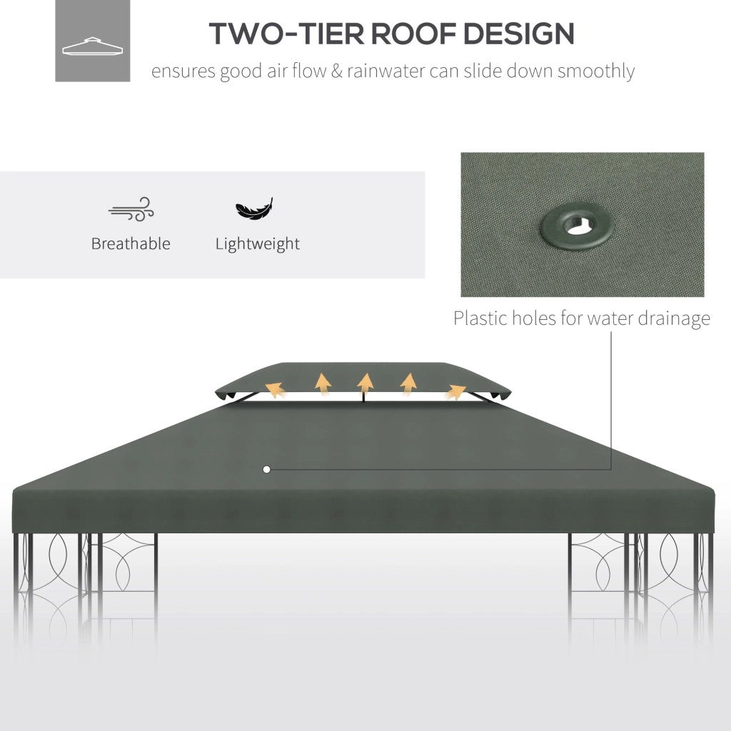 Copertura per Gazebo  a 2 Livelli  con Cinghie e 10 Fori di Drenaggio 4x3m in Poliestere Grigio Scuro