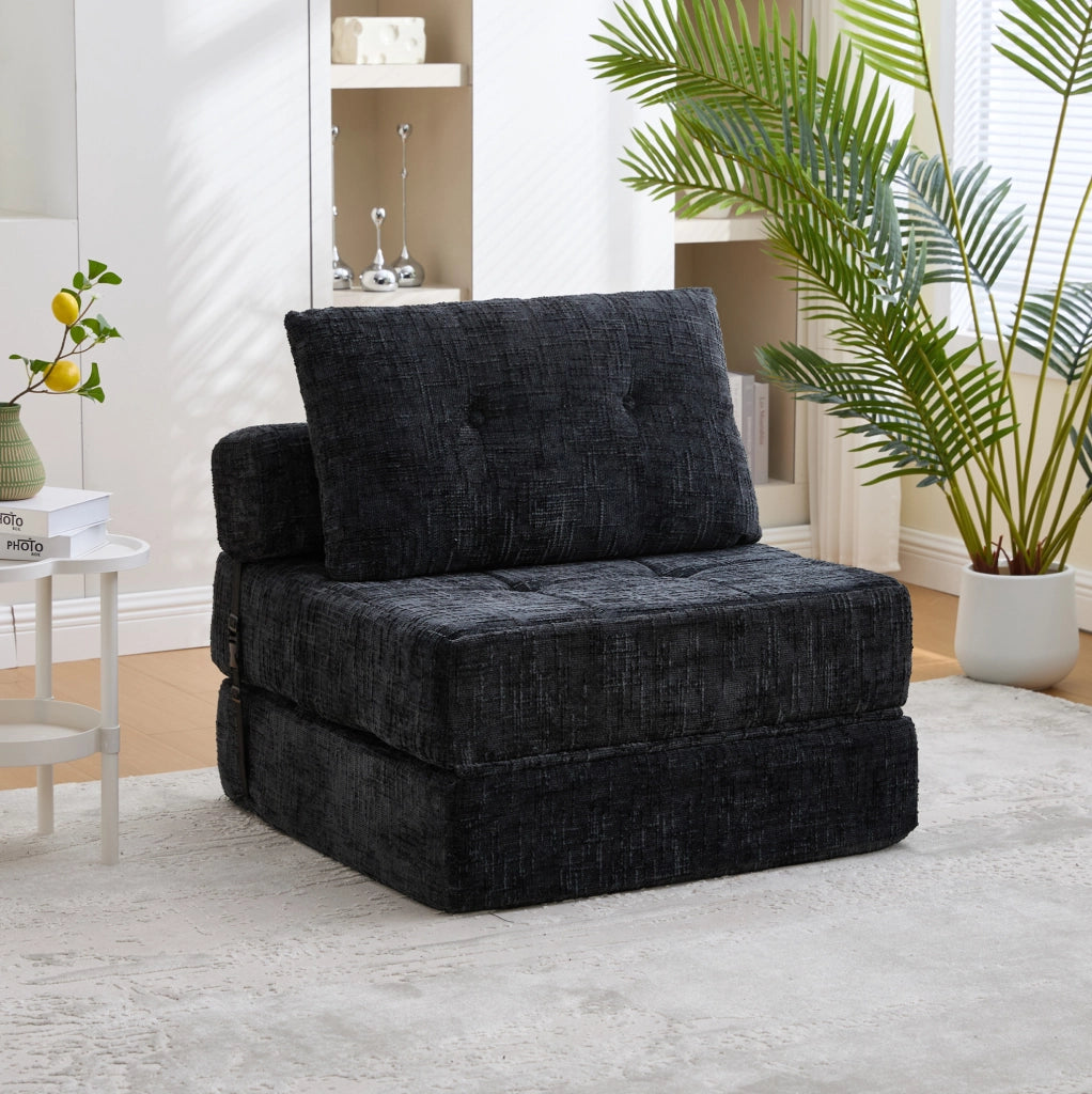 Divano letto pieghevole in chenille nero 79x180x18 cm; con cuscino schienale e poggiatesta