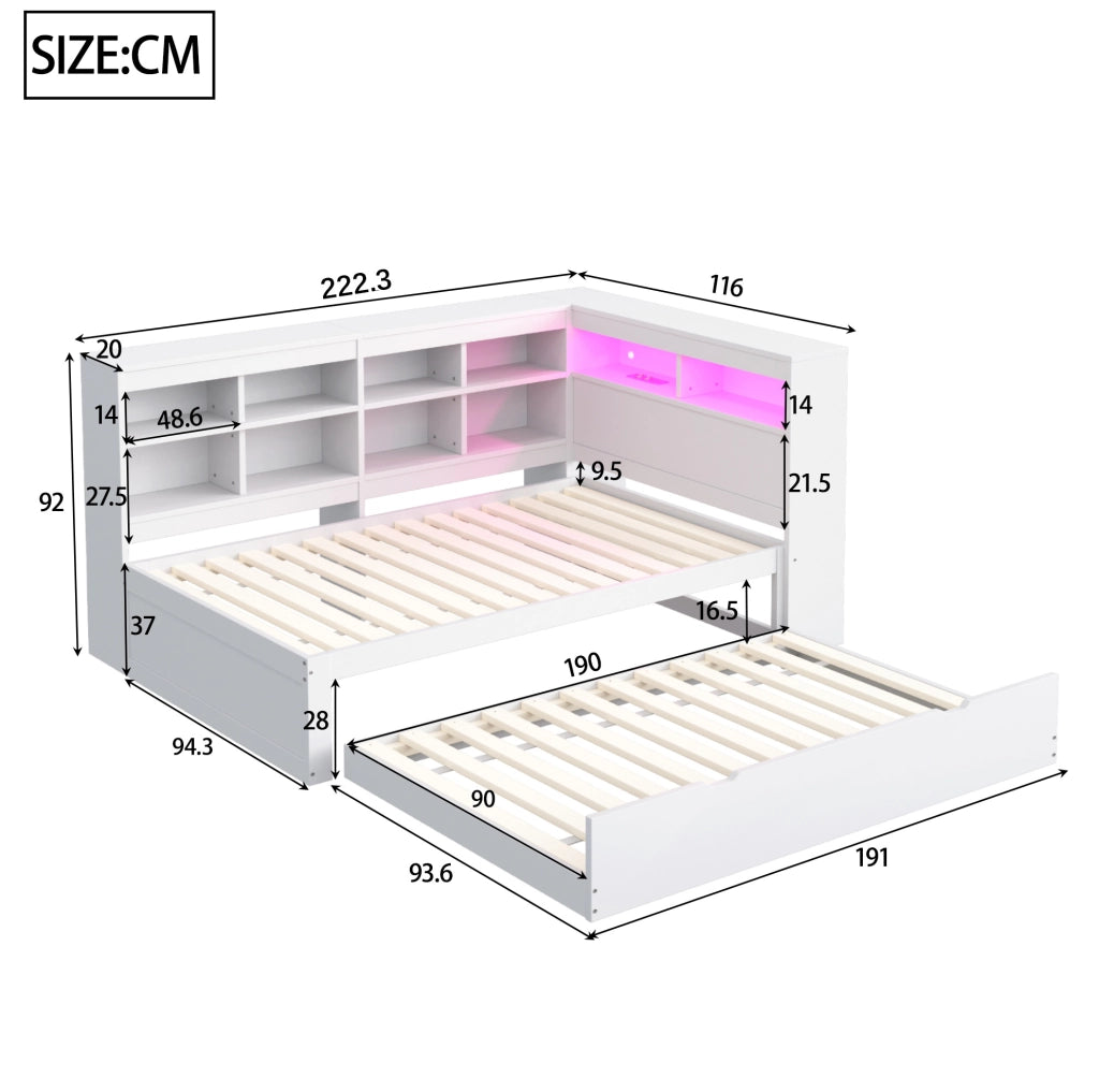 Letto multifunzionale in legno con contenimento, USB e LED, colore bianco