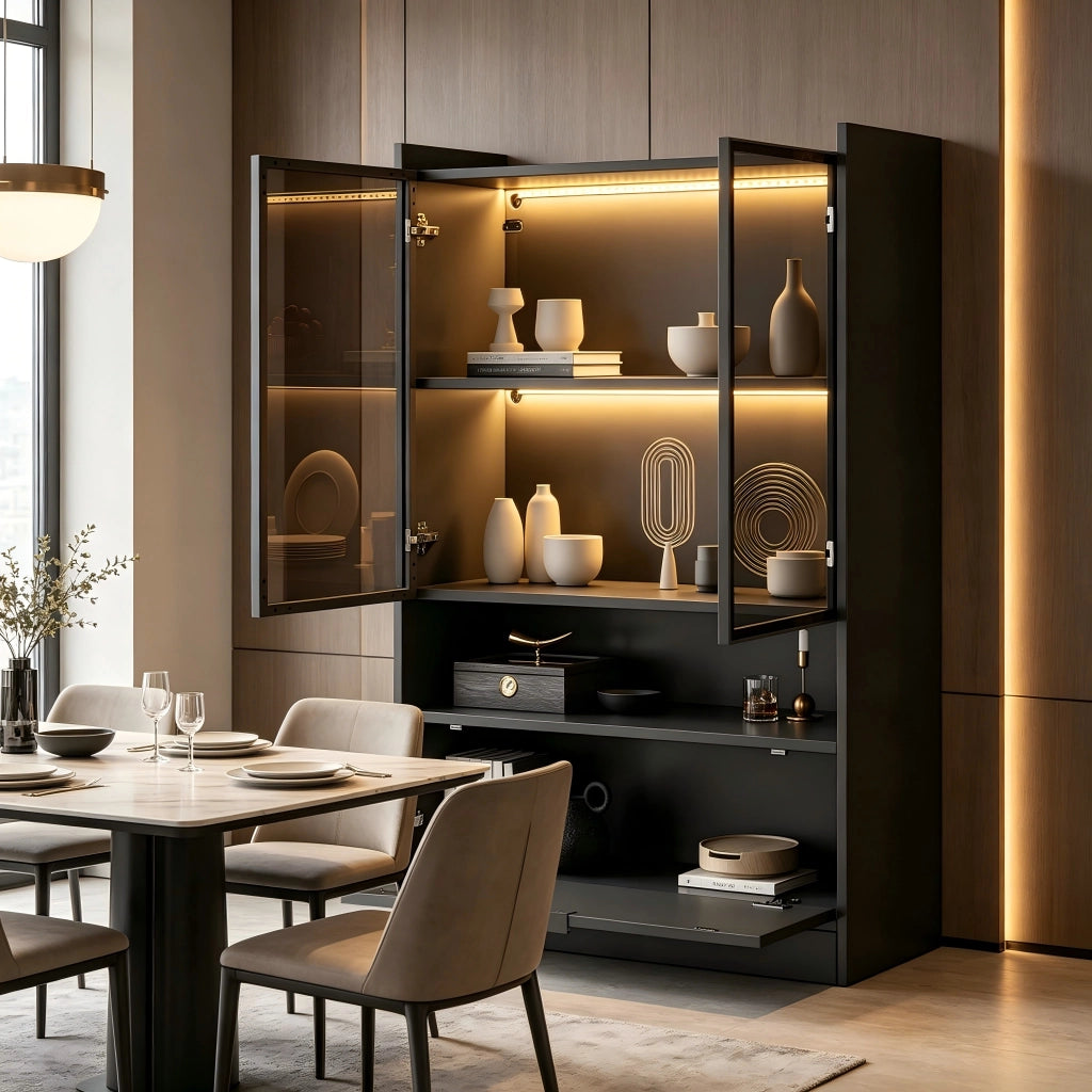 Vetrina con 2 ante in vetro; vano inferiore e LED - nero - 80x35x120 cm