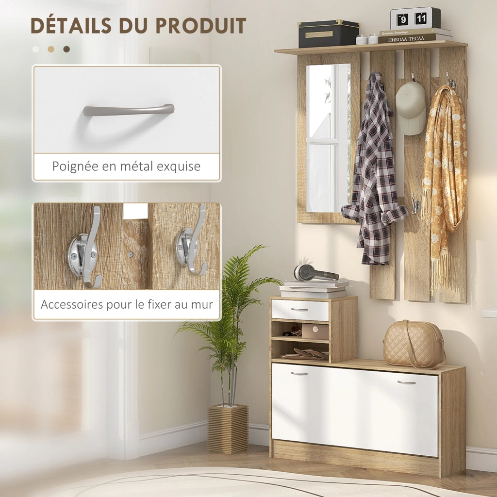 Mobile ingresso con appendiabiti, specchio e panca ¨C zephmum ¨C bianco, legno, 80x30x180 cm