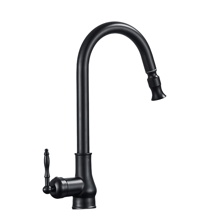 JANA | Rubinetto da cucina estraibile vintage in acciaio inossidabile nero antico | miscelatore arco alto |alta pressione ruotabile a 360° 2 attacchi