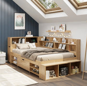 Letto per bambini 90x200 cm con cassetti; scaffali e contenitori in multistrato colore naturale