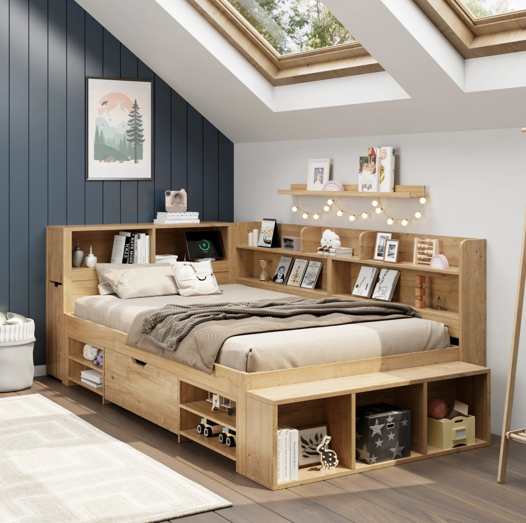 Letto per bambini 90x200 cm con cassetti; scaffali e contenitori in multistrato colore naturale