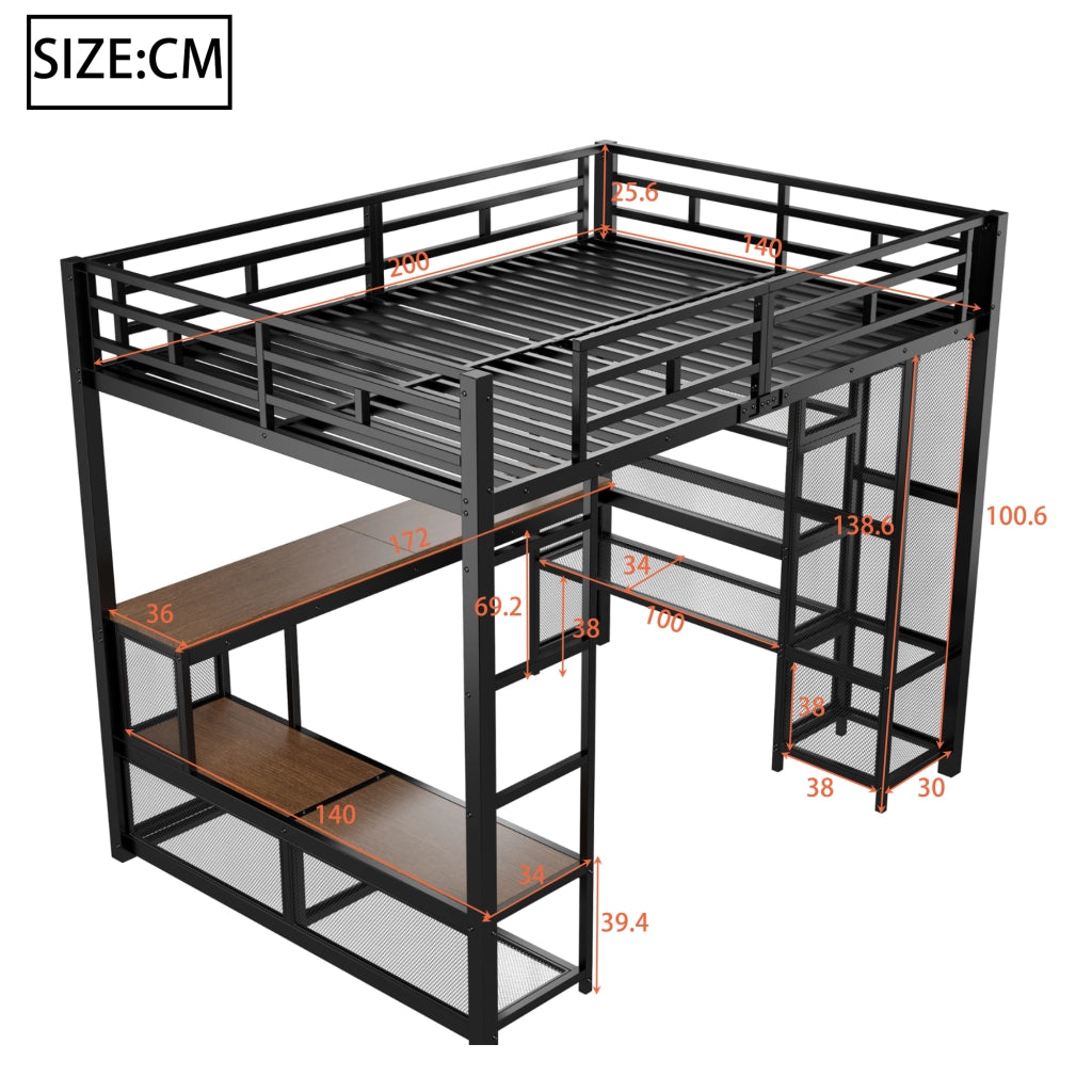 LETTO a soppalco con scrivania e scaffali 140x200 cm in metallo e MDF nero