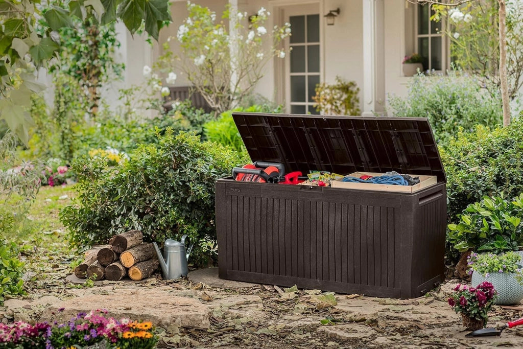 Cassapanca da Esterno Comfy 270 Litri in Resina Effetto Legno con Ruote e Seduta Portata 220 kg Colore Marrone Keter