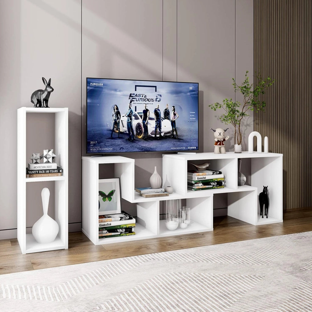 Mobile TV Soggiorno in Legno, Mobile Porta TV Liberamente Combinabile, per TV fino a 65”, Mobiletto TV Multifunzione con 6 Vani Aperti, 134 x 30 x 43 cm, Bianco (QE09327FQDE)