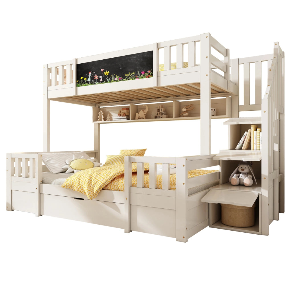 Letto a castello con lavagna; armadio-scala e cassetti; per materassi 90/140 x 200 cm; legno e metallo; bianco