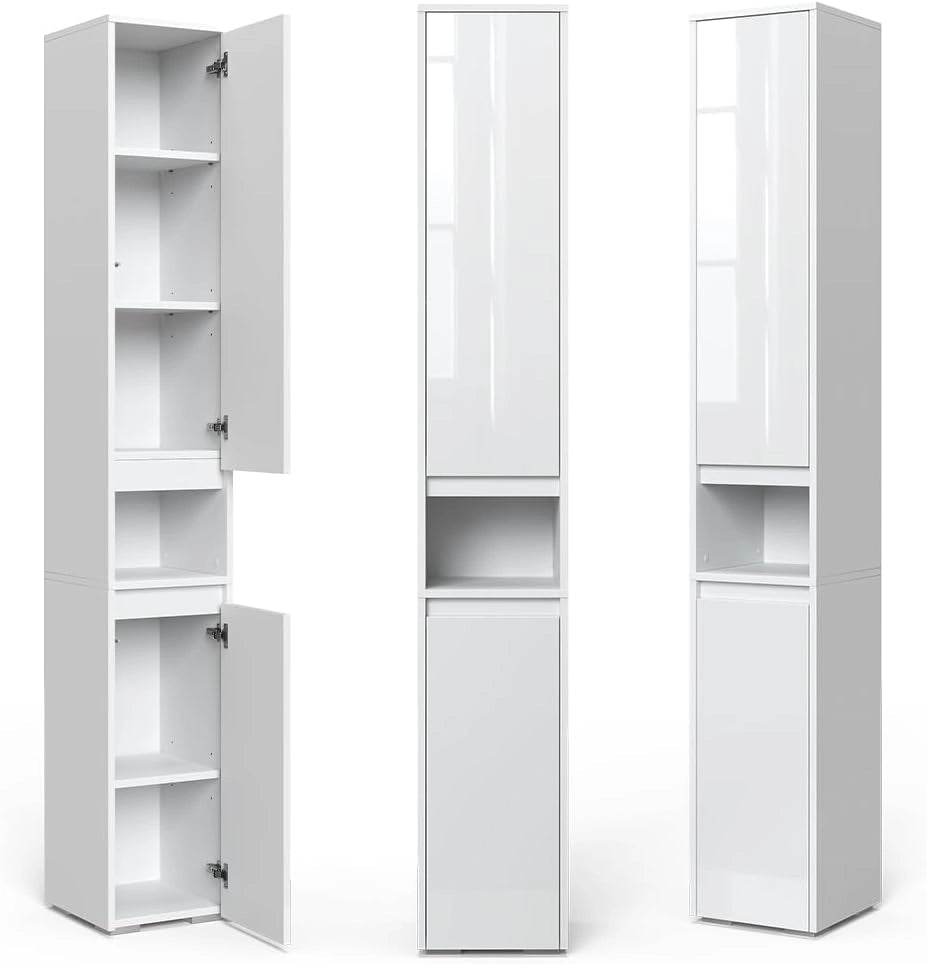 Armadio per il bagno Majest, Bianco lucido, 30.2 x 191.5 cm con ante e vano a giorno, per la conservazione con sei ripiani regolabili