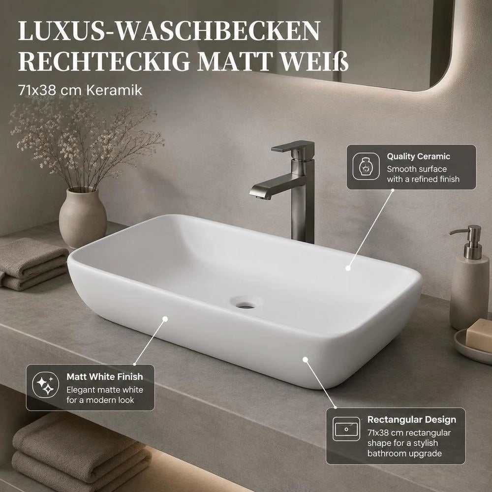 Luxury Rectangular Washbasin, Matte White, 71x38 Cm, Ceramic