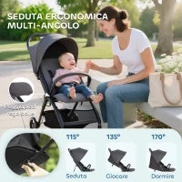 Passeggino per Bambini 0-3 Anni Pieghevole e Leggero con Schienale Regolabile, Capottina, Cestino, Grigio Scuro