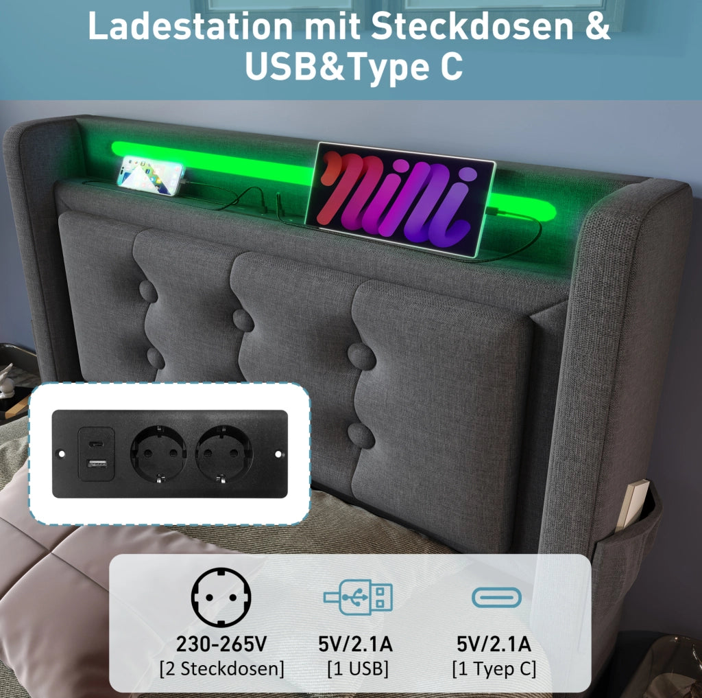 Letto imbottito 90x200 cm con LED; prese USB e Type-C; contenitore; cotone e lino; grigio