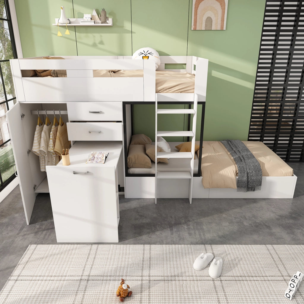 OKWISH Letto a Castello 90×200 cm, Letto Singolo con Scrivania Estraibile, Armadio, 2 Cassetti, Mensole e Scala, senza Materasso, Bianco Nero