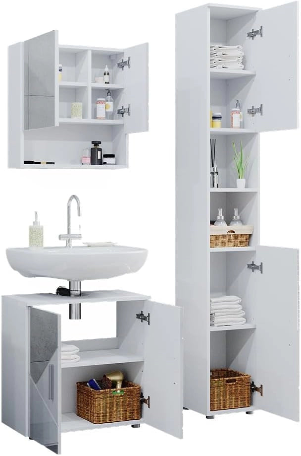 Set mobili bagno Irma, Bianco lucido con inserti, 80 cm, composto da mobile sottolavabo, specchiera e colonna alta