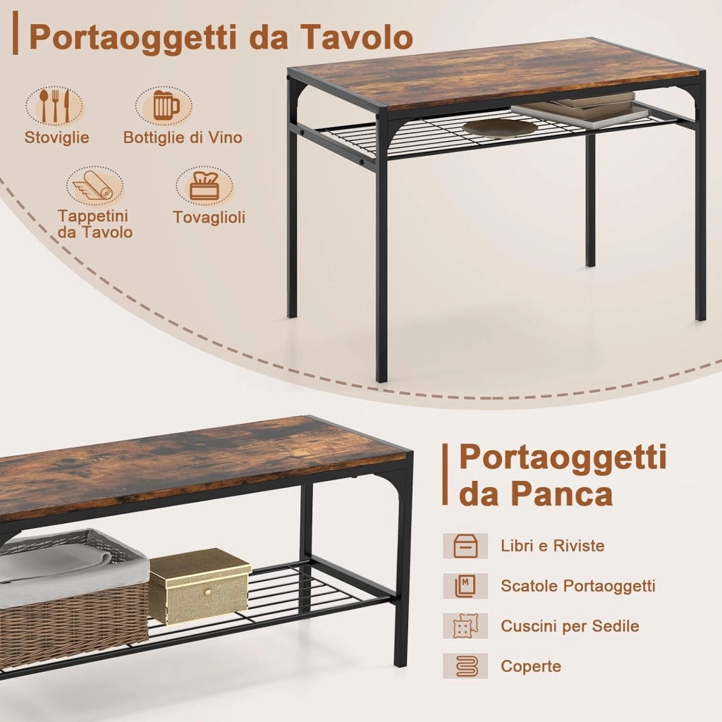 Set da Pranzo 4 Pezzi, Tavolo da Pranzo Industriale con 2 Sedie e Panca, Mobili da Cucina con Telaio in Metallo, Ripiano Portaoggetti(Marrone)