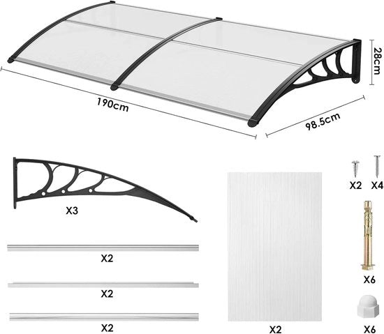 Copertura per Porta - Resistente al Tempo - Policarbonato - Materiali Sostenibili - Maniglie in ABS Resistenti - Per Porta, Finestra e Balcone - 190x98.5 cm - Nero
