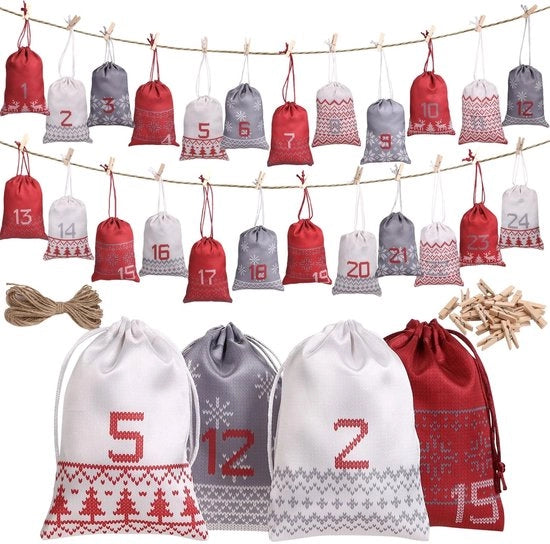 Adventskalender da assemblare - 24 sacchetti di stoffa - Calendario di Natale - Sacchetti di juta - Creatività per bambini