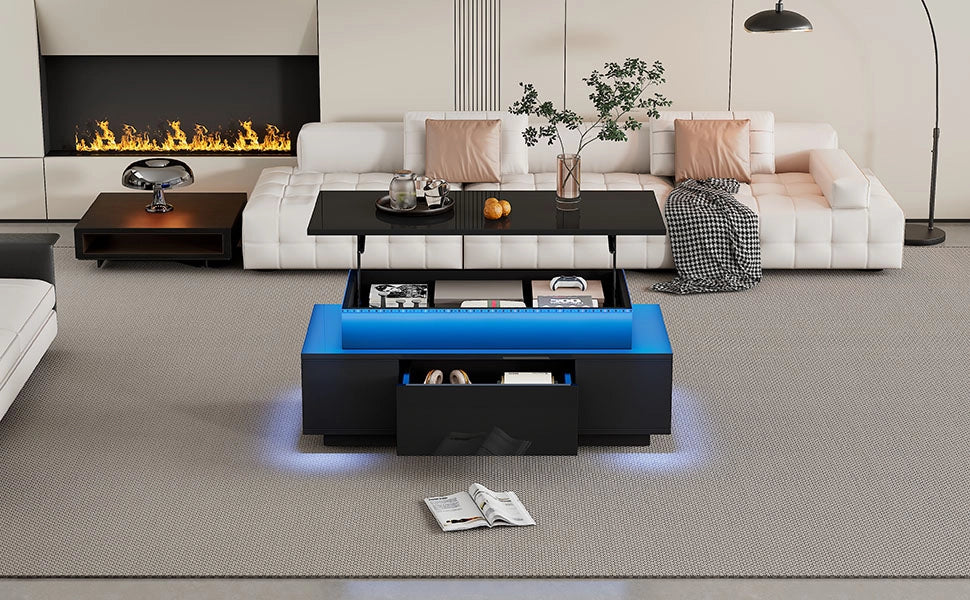 TAVOLO DA SALOTTO ALZABILE 96x45x40 cm NERO in pannello di legno con LED e cassetto