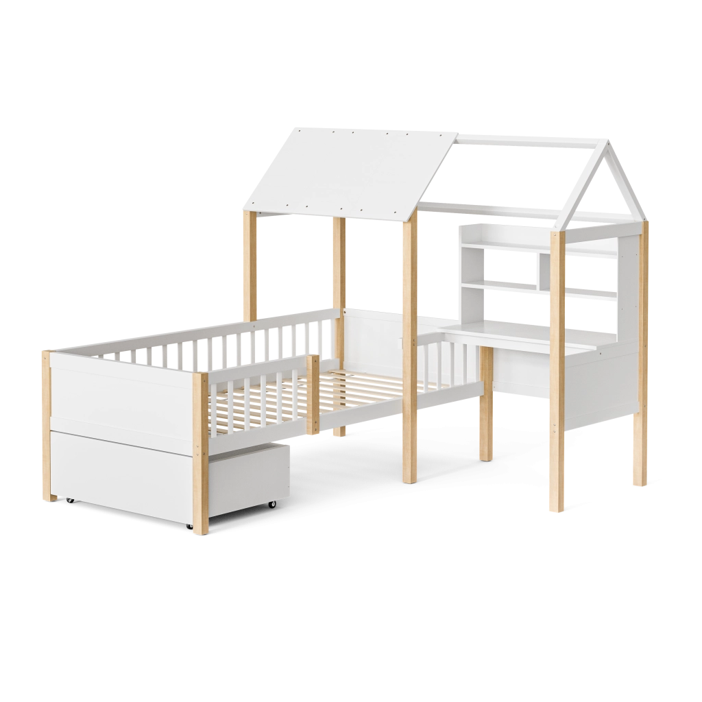 Letto per bambini 90 × 200 cm con scrivania, libreria, cassetti su ruote, sponda di sicurezza, senza materasso
