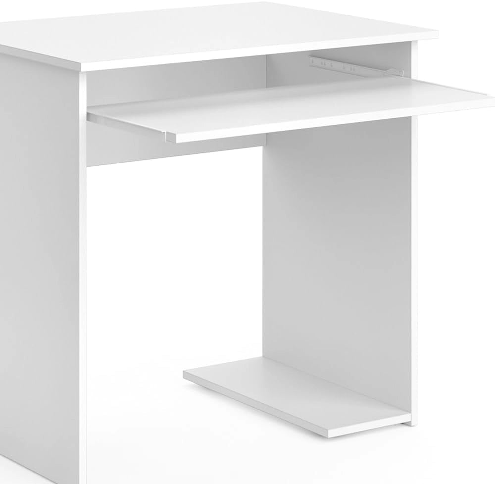 Scrivania Nick, Bianco, 80 x 58 cm, con ripiano estraibile per tastiera e supporto per unità di sistema