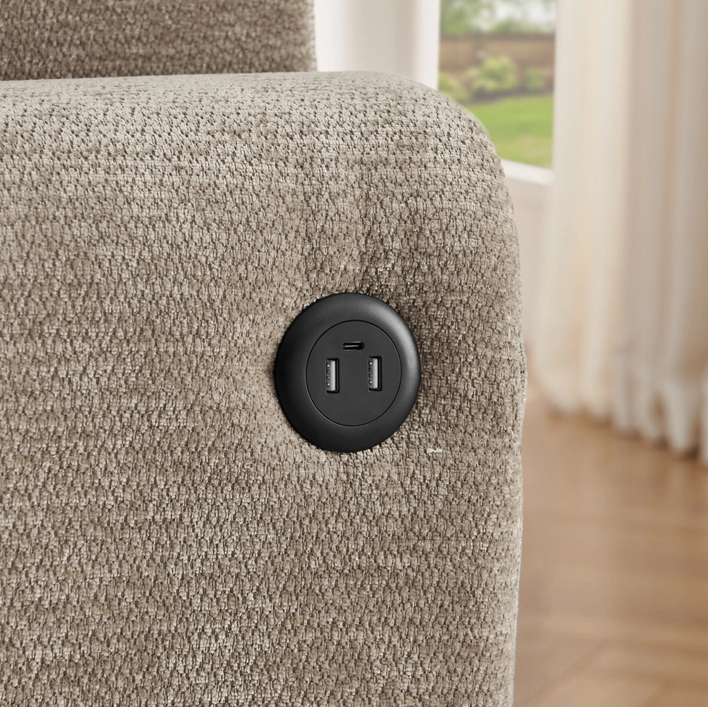 Divano relax a 2 posti in ciniglia marrone con USB; tasca laterale; portabicchiere e cuscini