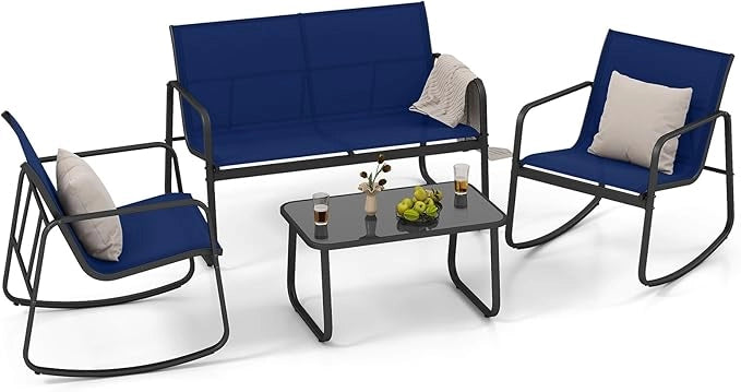 Set da Giardino 4 Pezzi in Tessuto Textilene, Set da Bistrò da Patio, Set tavolo e sedie con Tavolino in Vetro, 2 Sedie e Divanetto a Dondolo, per Giardino Coltile (Blu)
