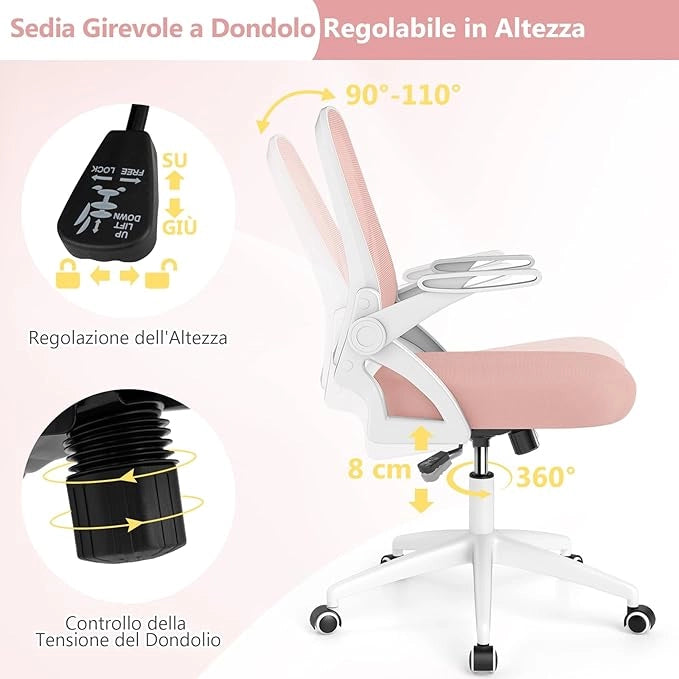 Sedia da Ufficio in Rete, Sedia da Scrivania Ergonomica con Supporto Lombare e Braccioli Ribaltabili, Sedia da Lavoro Girevole, con Ruote Regolabile in Altezza, Portata 150 kg