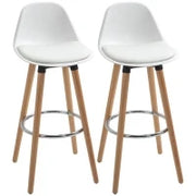 Set 2 Sgabelli da Bar Stile Nordico con Schienale, Cuscino e Poggiapiedi, Legno e Plastica, Bianco