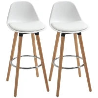 Set 2 Sgabelli da Bar Stile Nordico con Schienale, Cuscino e Poggiapiedi, Legno e Plastica, Bianco