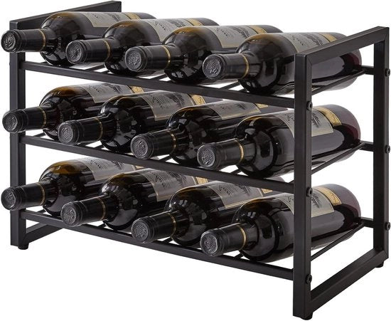 Wijnrek astackabile per 12 flessine - 3 livelli - in legno - per contenitore a muro per cucina dispensa bar - piccola stanza - organizzatore di bottiglie di vetro TMJ906H