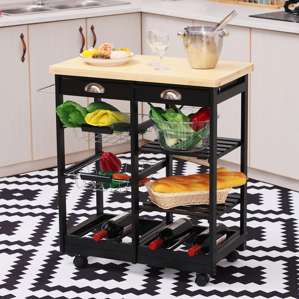 EasyComfort Carrello da Cucina Multiuso in Legno di Pino 74 x 37 x 75cm Nero