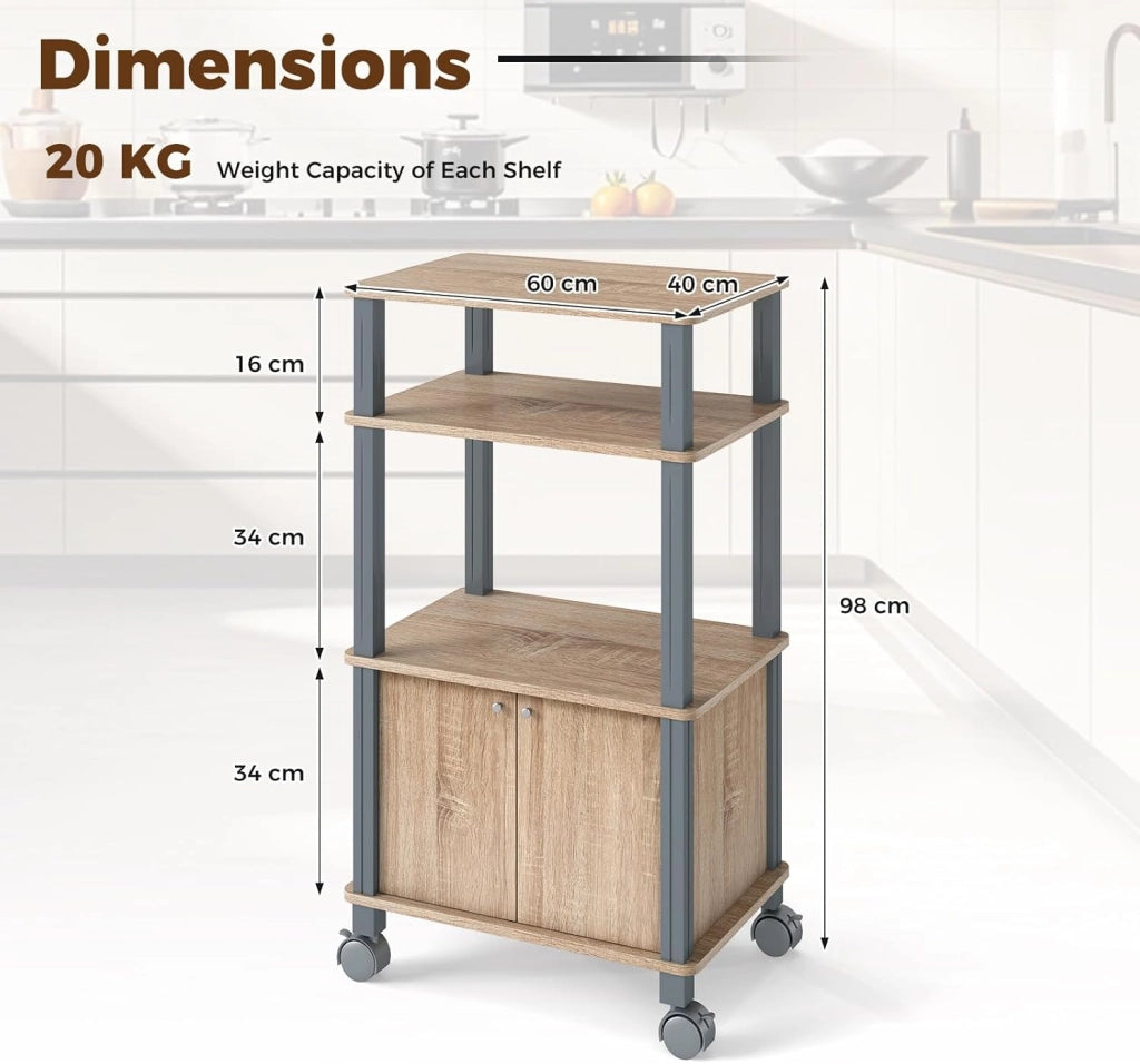 Carrello a rotelle a microonde, carrello da cucina a microonde, con 4 ruote e 2 freni, ripiano portaoggetti a 3 livelli e armadio ante,60 x 40 x 98 cm (Naturale)