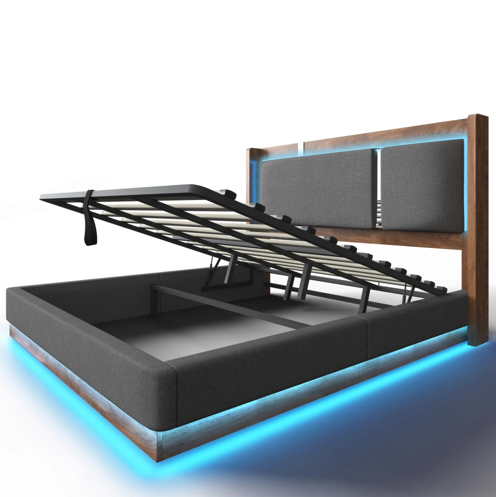 Letto matrimoniale imbottito 180x200 cm con LED e vano contenitore