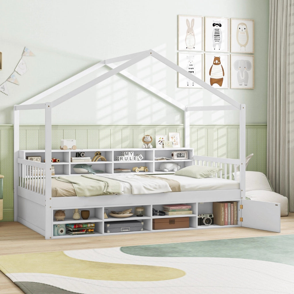 Letto a castello con tetto in legno, Struttura per letto matrimoniale con 14 cubi di stoccaggio Bianco-Lettini per bimbi