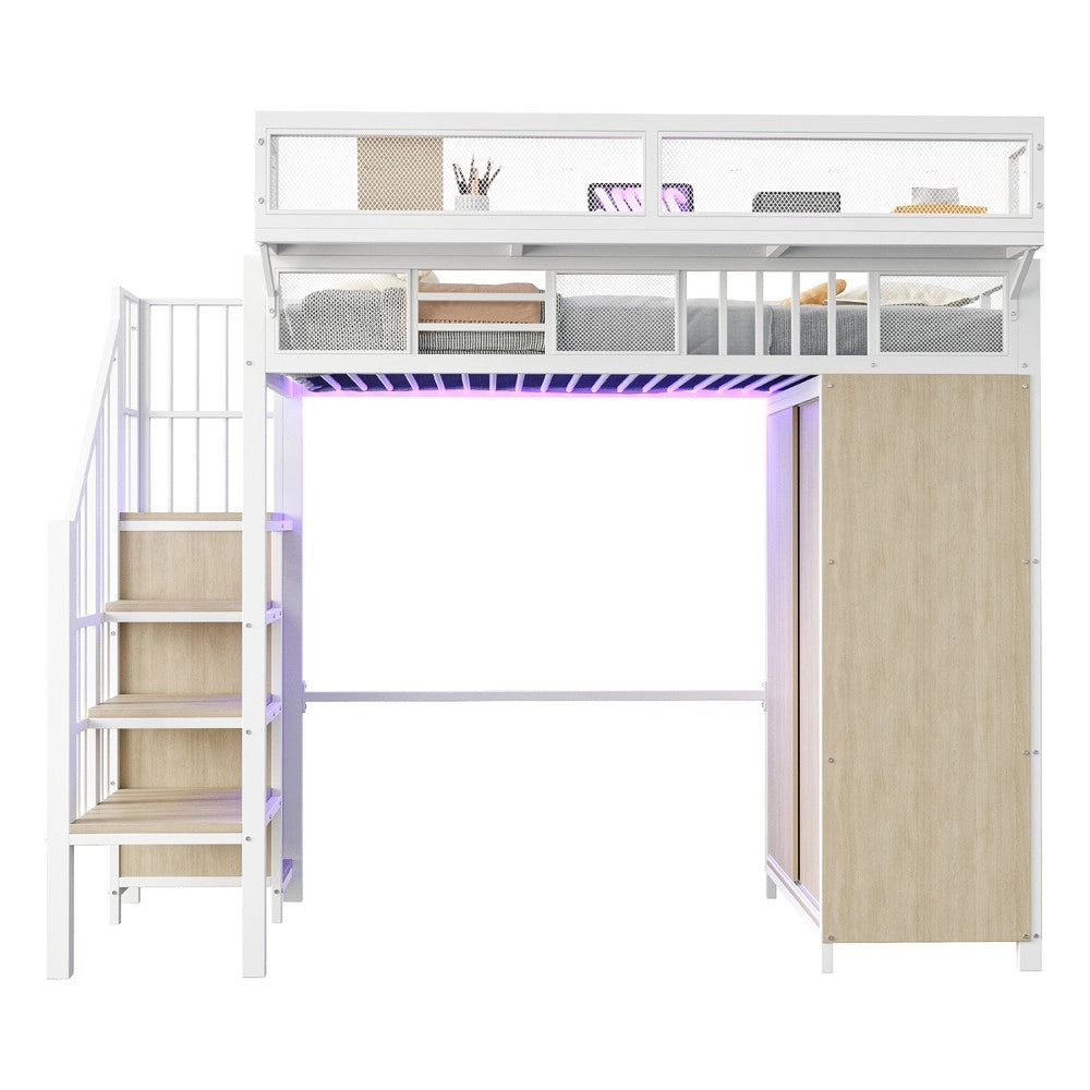 Letto a Soppalco con Armadio e LED ¨C MINIMAL ¨C Metallo Bianco 90x200