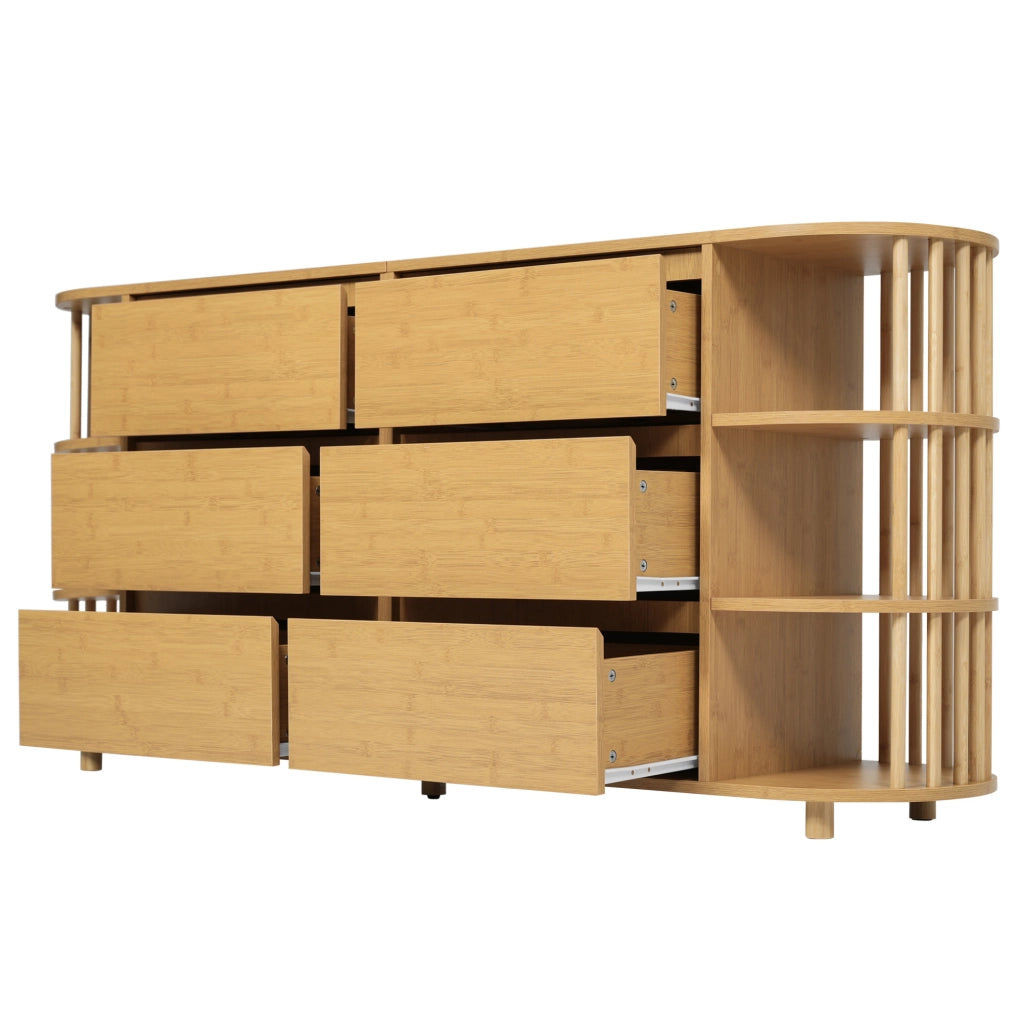 Credenza 160x40x75 cm in MDF e bambù effetto rovere， 6 cassetti e ripiani aperti