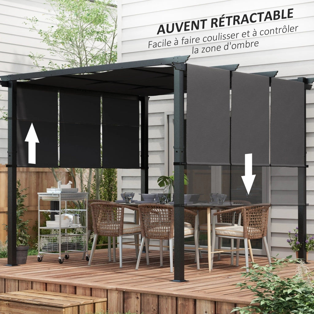 Pergola 3x3 metri con 3 tende scorrevoli ¨C zephmum ¨C struttura in metallo, tessuto in poliestere grigio