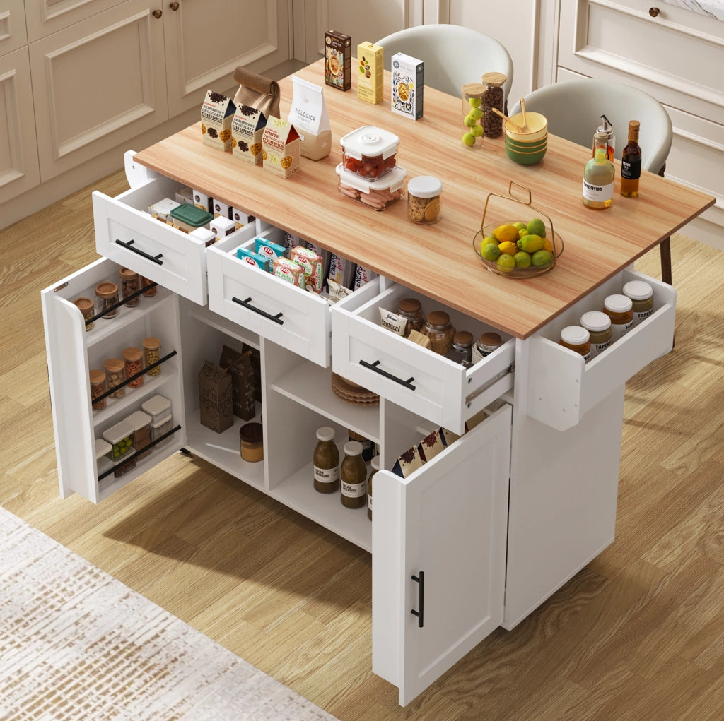 Carrello da cucina con piano ribaltabile e cassetti, bianco