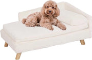 Banco per cani in legno con schienale e cuscino in piuma - Zampe in legno - Lettino per cani elevato per cani di taglia media e piccola - Banco per gatti per grandi gatti - 80 x 50 x 39 cm - Beige