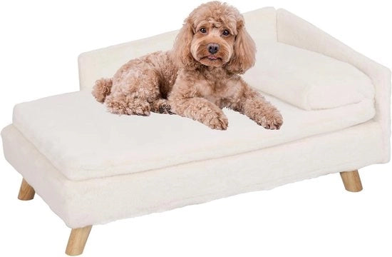 Banco per cani in legno con schienale e cuscino in piuma - Zampe in legno - Lettino per cani elevato per cani di taglia media e piccola - Banco per gatti per grandi gatti - 80 x 50 x 39 cm - Beige