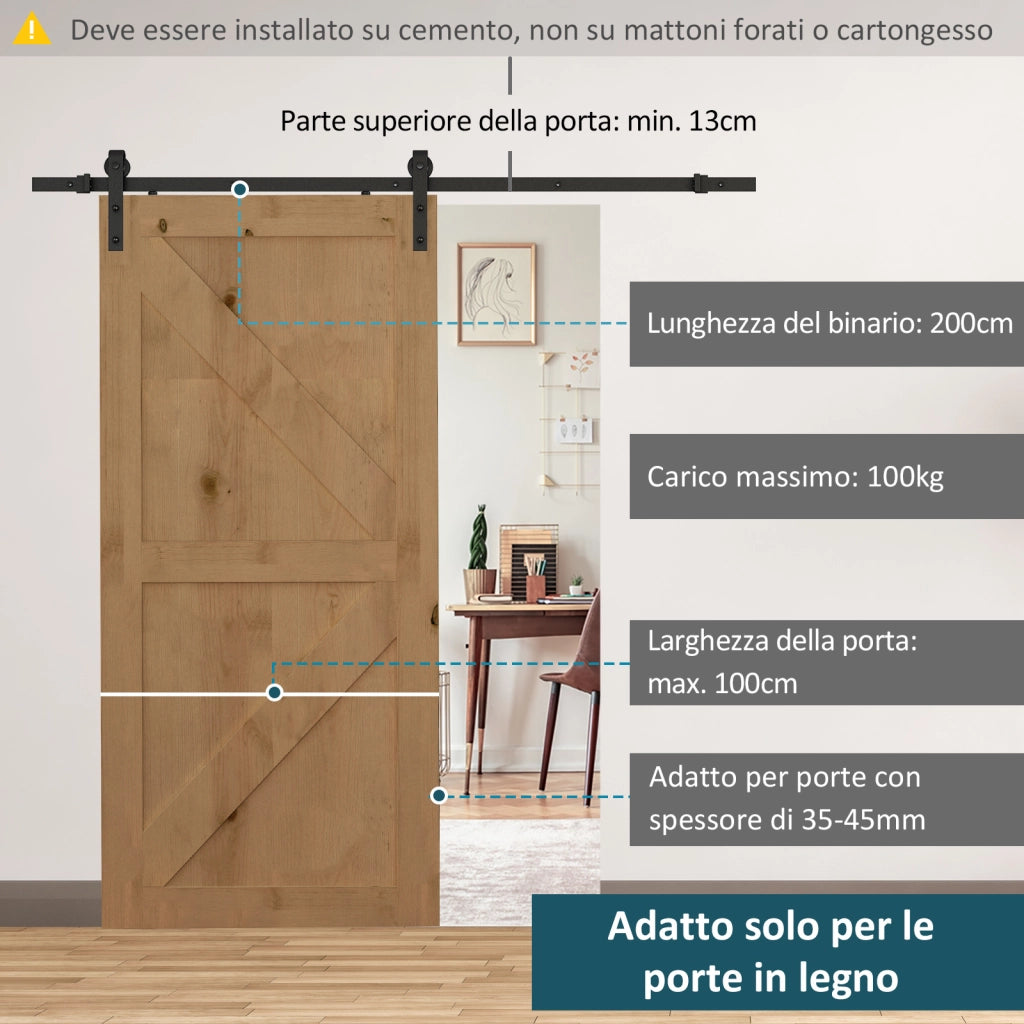 Binario per Porta Scorrevole con Kit Accessori e Rulli, Portata 100kg, Acciaio al Carbonio, 200x4x0.6 cm