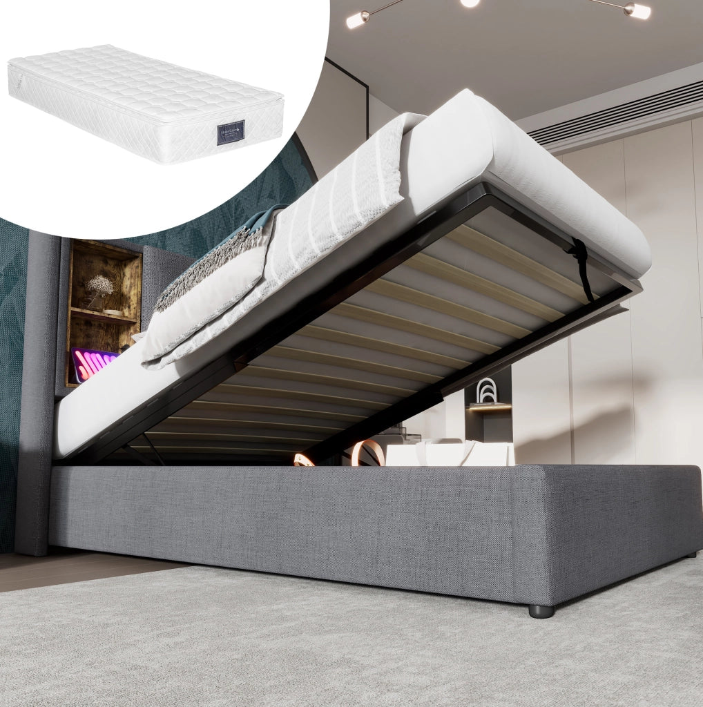 Letto imbottito ULEVR 90x200 cm con contenitore a gas, ricarica wireless, 2 USB e Type-C, grigio
