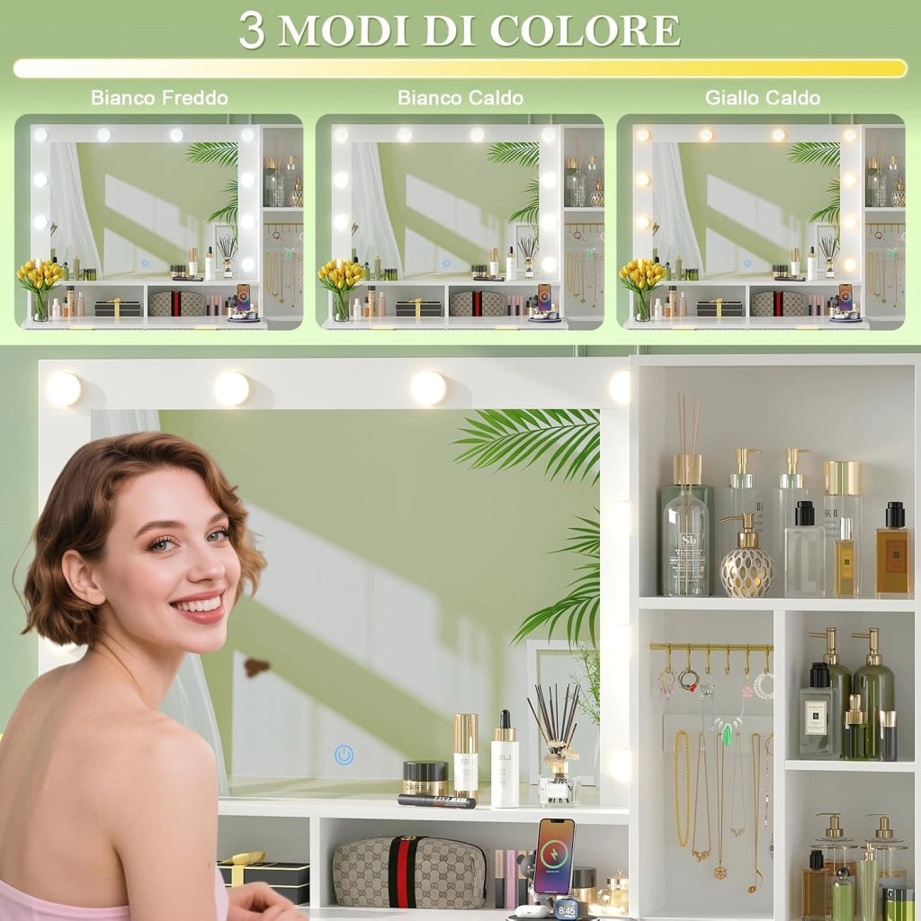 Toeletta da Trucco con 10 Luce LED,Tavolo da Trucco con Specchio e Prese,Postazione Trucco con 5 Cassetti,Ripiani Aperti e Ganci per Gioielli,Moderno (Bianco)