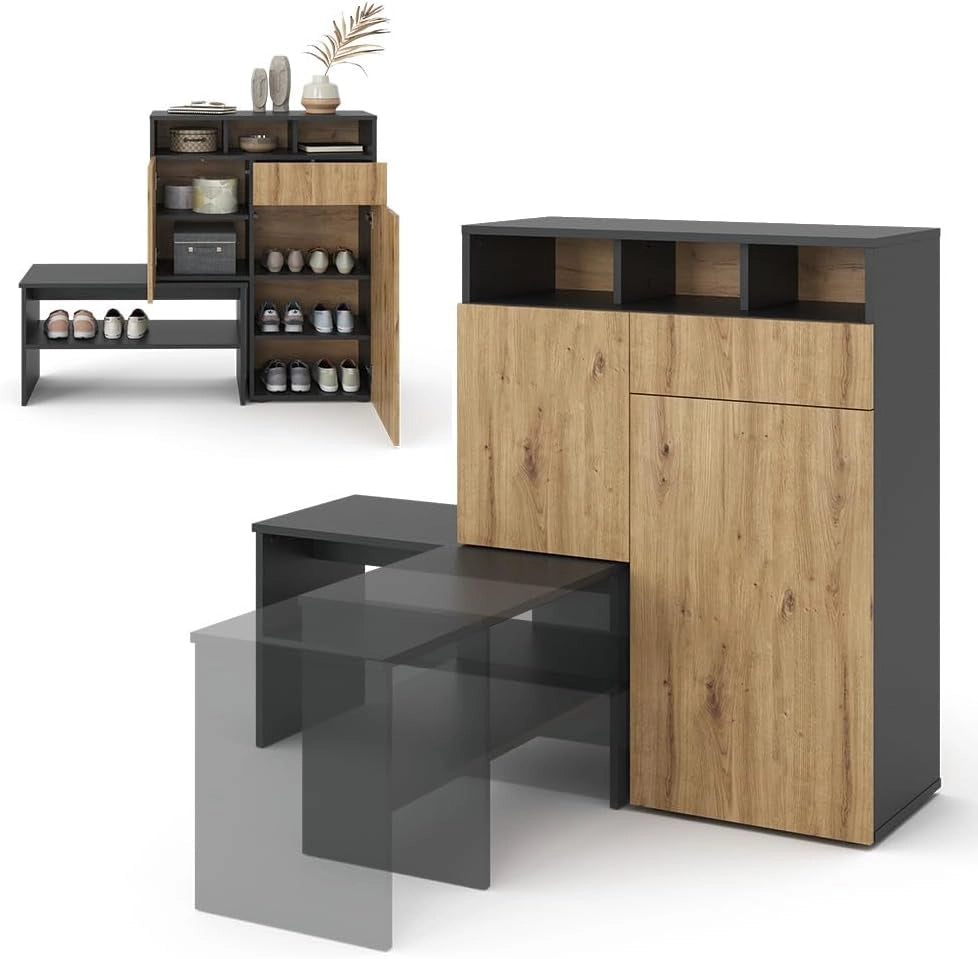 Mobile porta scarpe Selena, Grigio, 124.5 x 102 cm, con seduta e superfici d’appoggio variabili