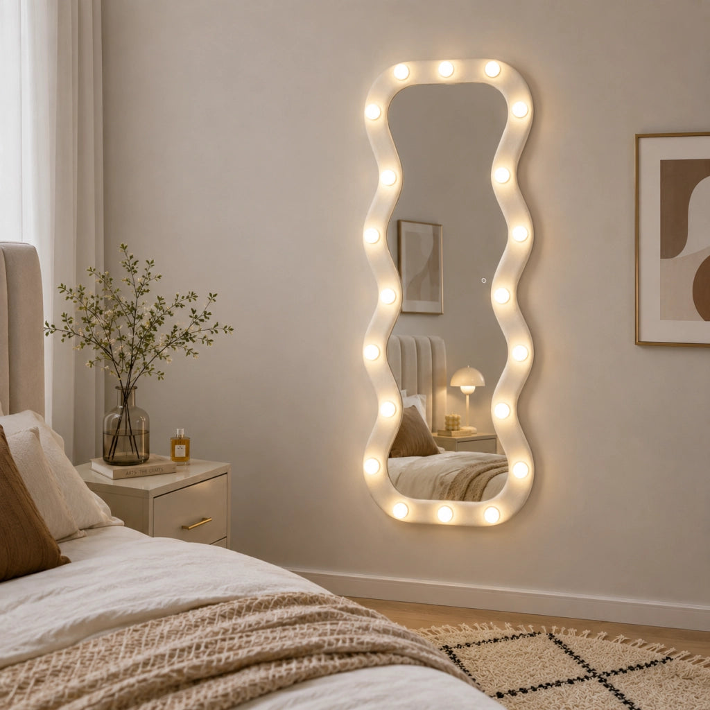 Specchio Grande Ondulato 60x160 cm con 20 Led, Cornice in Velluto Bianco Moderno Accensione Touch